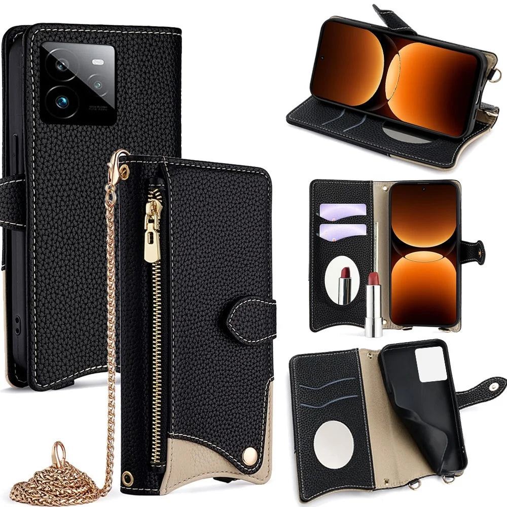For Realme GT 7 Pro 5G Leather Case Wallet Stand Cover Irregular Tail Style with Chain Strap - Black - 1