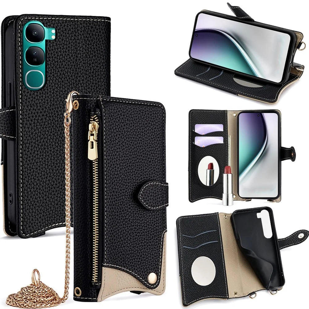 For vivo Y300 5G Leather Case Wallet Stand Cover Irregular Tail Style with Chain Strap - Black - 1