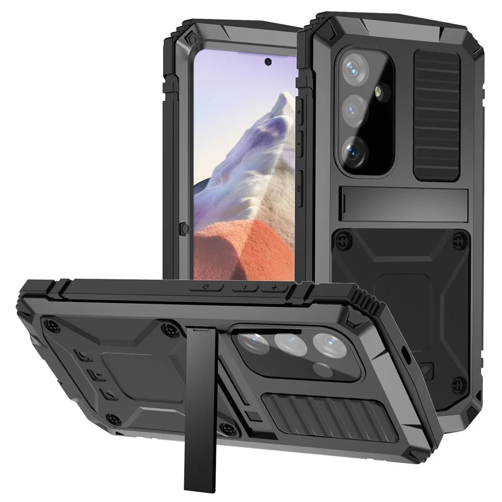 R-JUST For Samsung Galaxy S25 Case PC + Silicone + Metal Kickstand Phone Cover with Tempered Glass Film - Black - 1