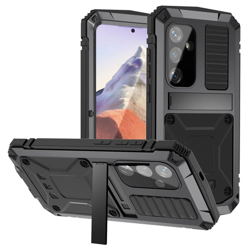 R-JUST For Samsung Galaxy S25 Case PC + Silicone + Metal Kickstand Phone Cover with Tempered Glass Film - Black - 1