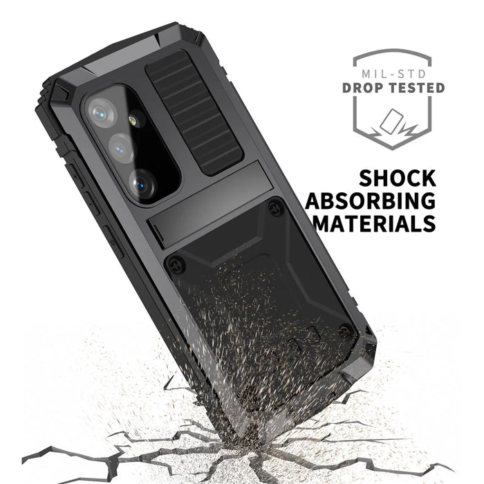 R-JUST For Samsung Galaxy S25 Case PC + Silicone + Metal Kickstand Phone Cover with Tempered Glass Film - Black - 5