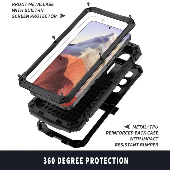 R-JUST For Samsung Galaxy S25 Case PC + Silicone + Metal Kickstand Phone Cover with Tempered Glass Film - Black - 6