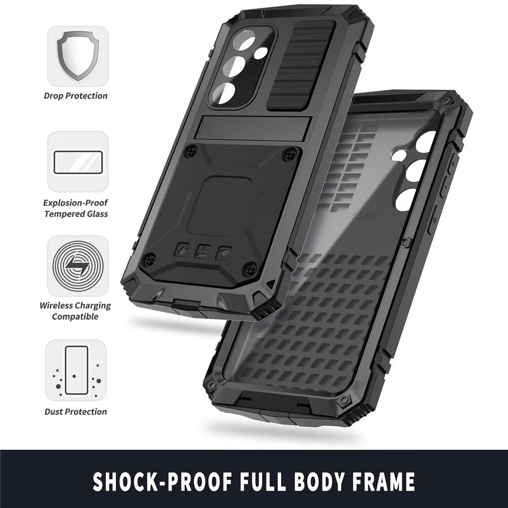 R-JUST For Samsung Galaxy S25+ Case PC + Silicone + Metal Kickstand Phone Cover with Tempered Glass Film - Black - 7
