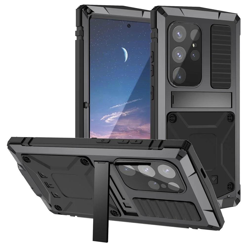 R-JUST For Samsung Galaxy S25 Ultra Case PC + Silicone + Metal Kickstand Phone Cover with Tempered Glass Film - Black - 1