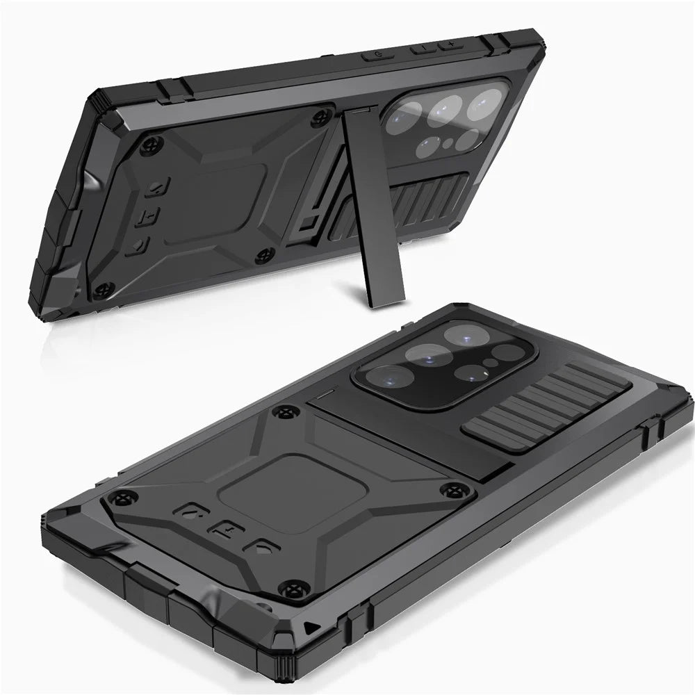 R-JUST For Samsung Galaxy S25 Ultra Case PC + Silicone + Metal Kickstand Phone Cover with Tempered Glass Film - Black - 2