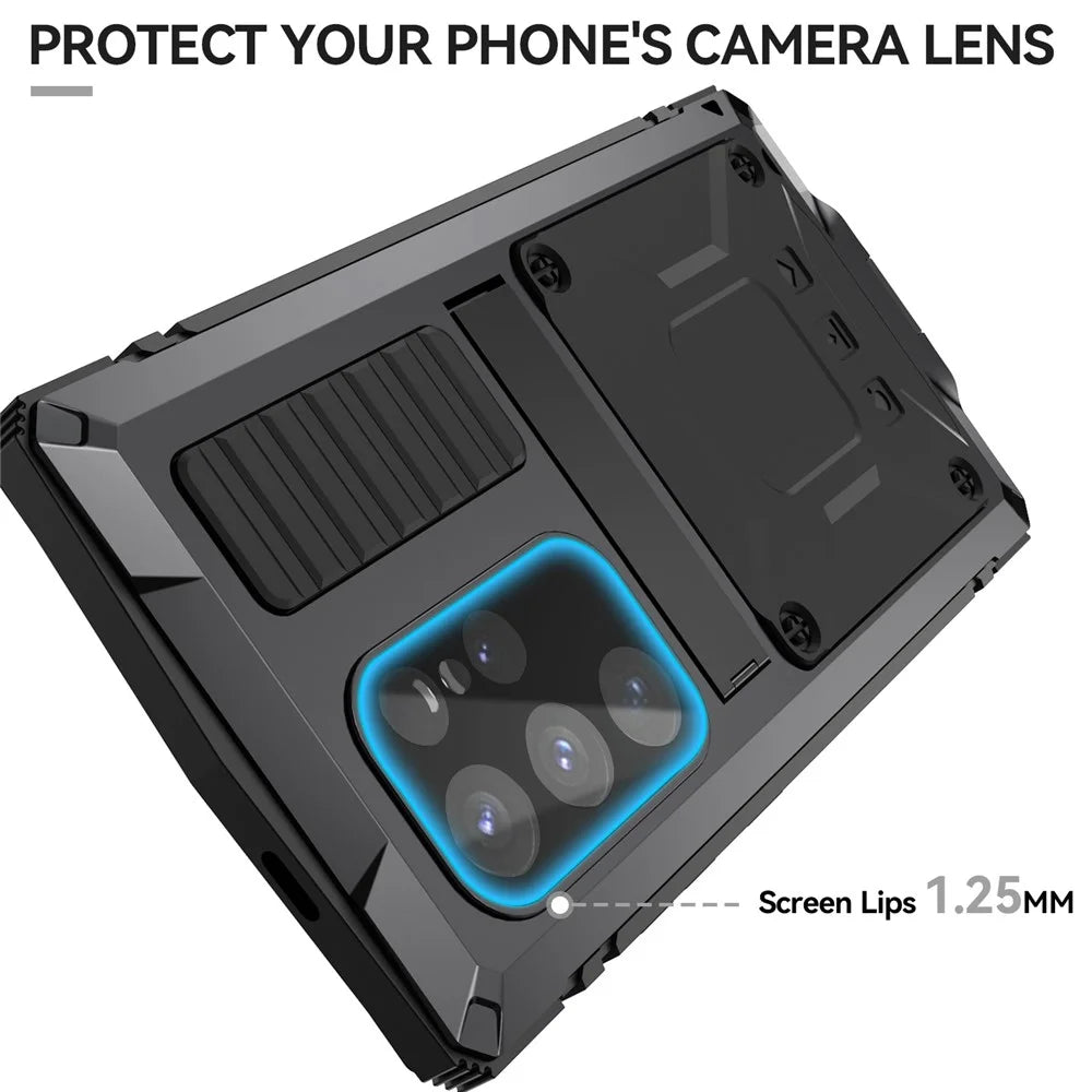R-JUST For Samsung Galaxy S25 Ultra Case PC + Silicone + Metal Kickstand Phone Cover with Tempered Glass Film - Black - 3