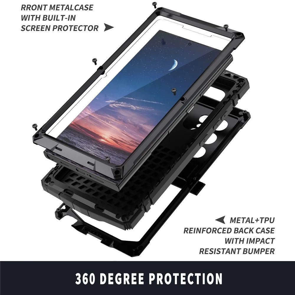 R-JUST For Samsung Galaxy S25 Ultra Case PC + Silicone + Metal Kickstand Phone Cover with Tempered Glass Film - Black - 6