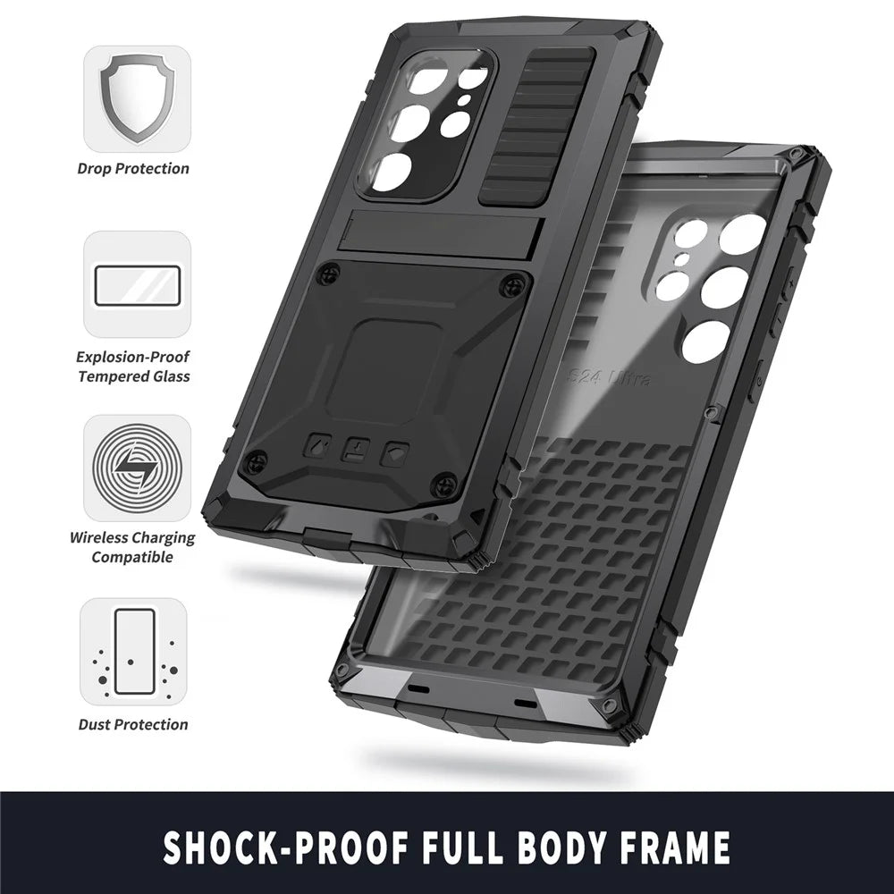 R-JUST For Samsung Galaxy S25 Ultra Case PC + Silicone + Metal Kickstand Phone Cover with Tempered Glass Film - Black - 7
