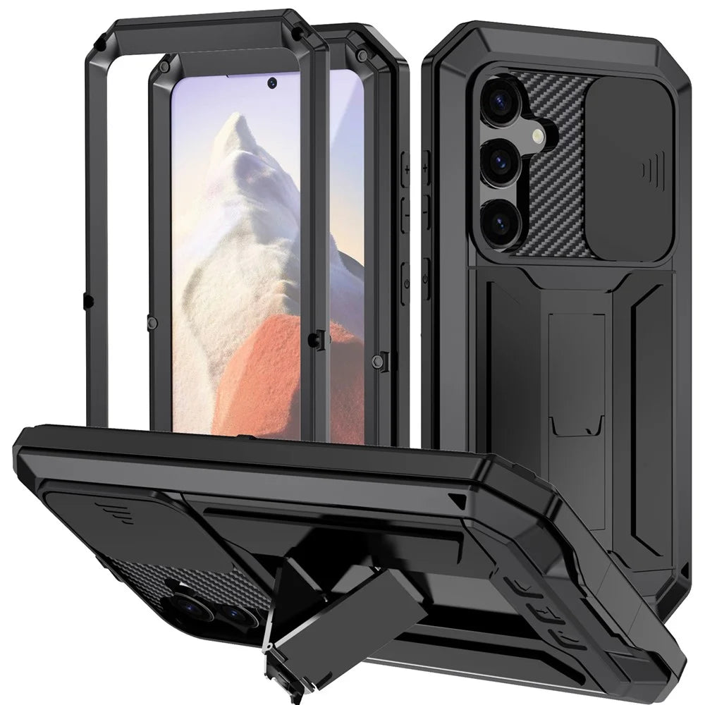R-JUST For Samsung Galaxy S25 Case PC + Silicone + Metal Back Cover with Tempered Glass Film - Black - 1