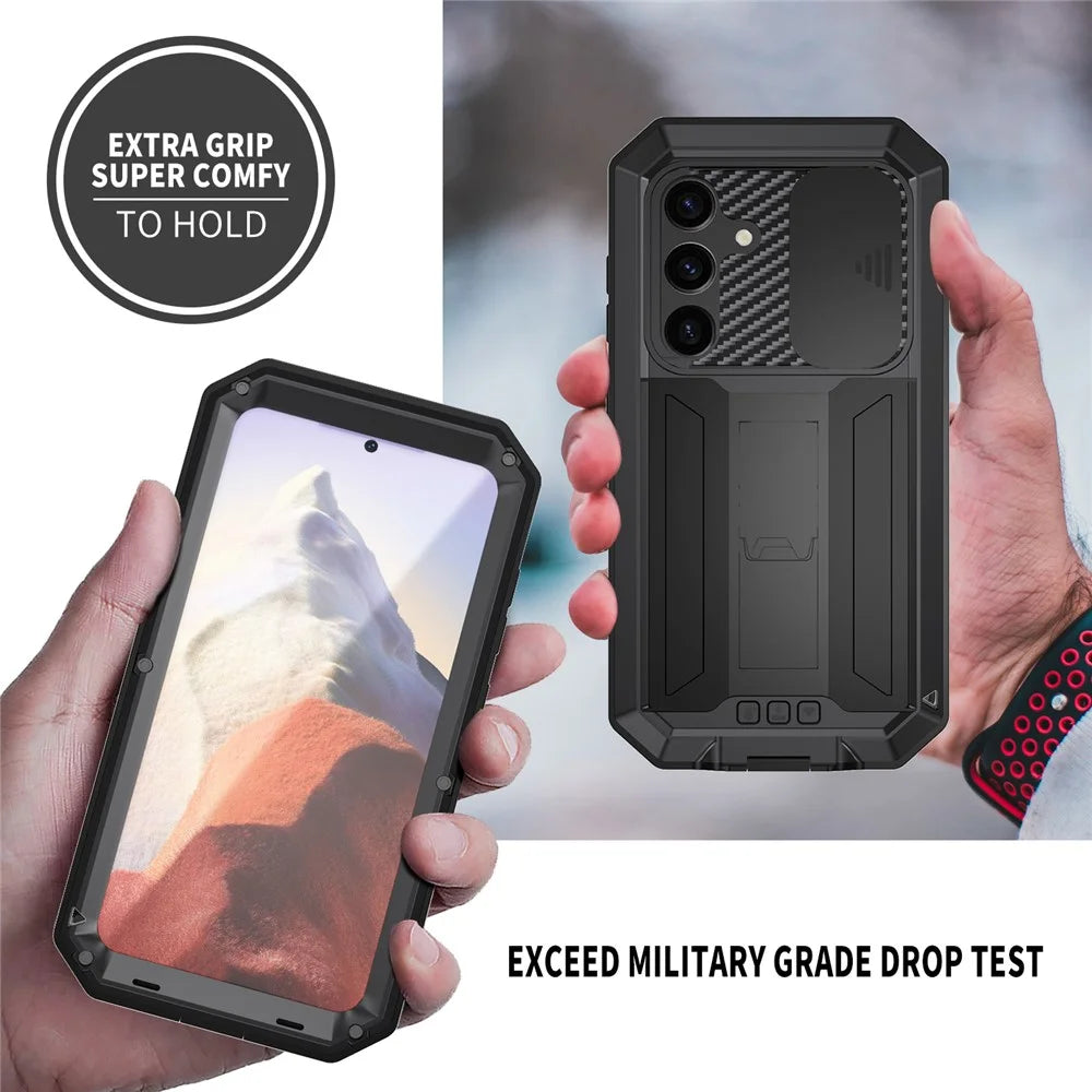 R-JUST For Samsung Galaxy S25 Case PC + Silicone + Metal Back Cover with Tempered Glass Film - Black - 3