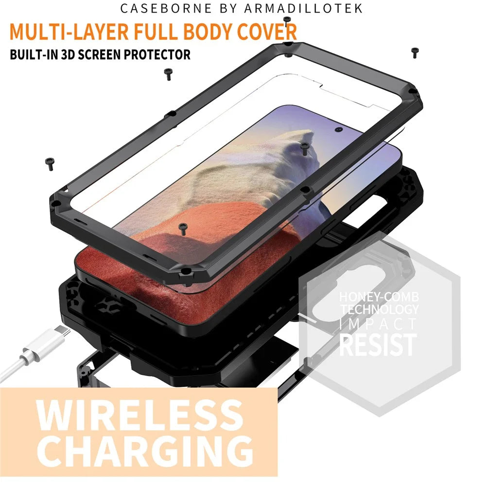 R-JUST For Samsung Galaxy S25 Case PC + Silicone + Metal Back Cover with Tempered Glass Film - Black - 4