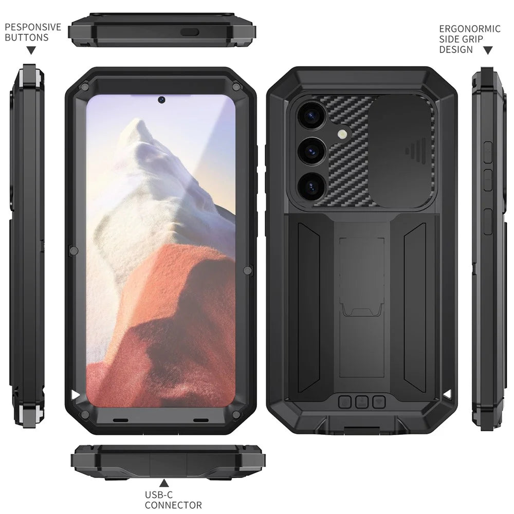 R-JUST For Samsung Galaxy S25 Case PC + Silicone + Metal Back Cover with Tempered Glass Film - Black - 7