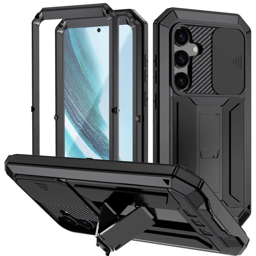 R-JUST For Samsung Galaxy S25+ Case PC + Silicone + Metal Back Cover with Tempered Glass Film - Black - 1