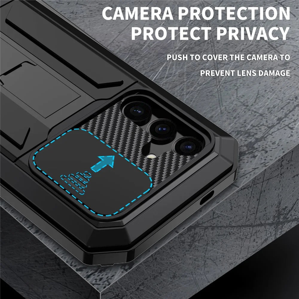 R-JUST For Samsung Galaxy S25+ Case PC + Silicone + Metal Back Cover with Tempered Glass Film - Black - 6