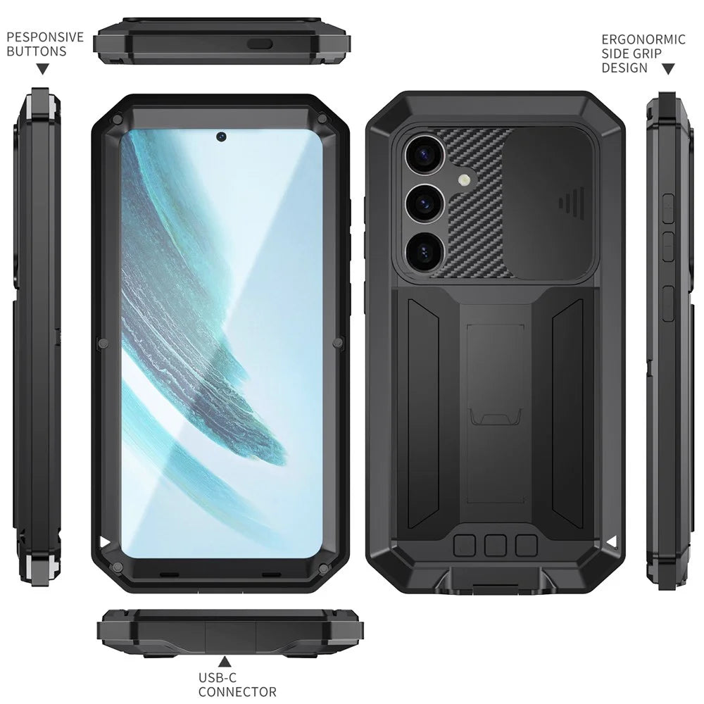 R-JUST For Samsung Galaxy S25+ Case PC + Silicone + Metal Back Cover with Tempered Glass Film - Black - 7