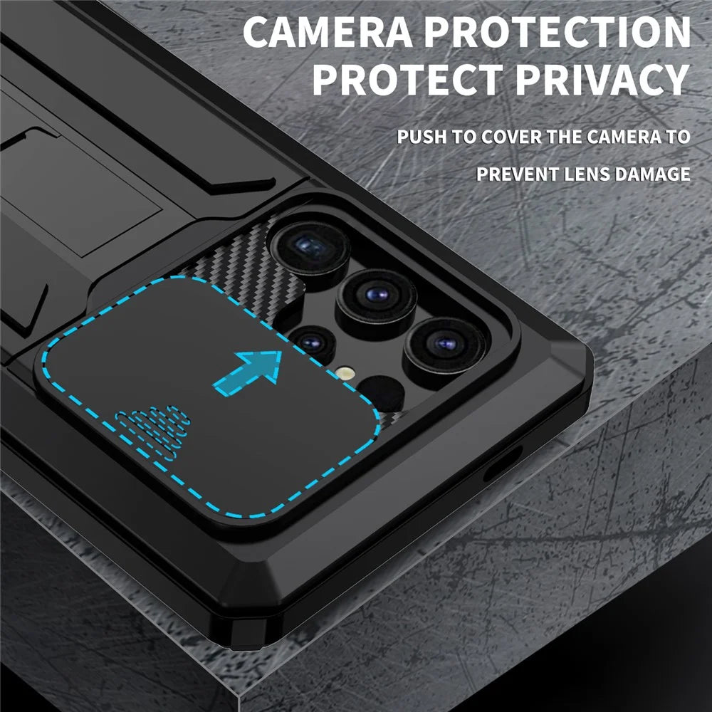 R-JUST For Samsung Galaxy S25 Ultra Case PC + Silicone + Metal Back Cover with Tempered Glass Film - Black - 2