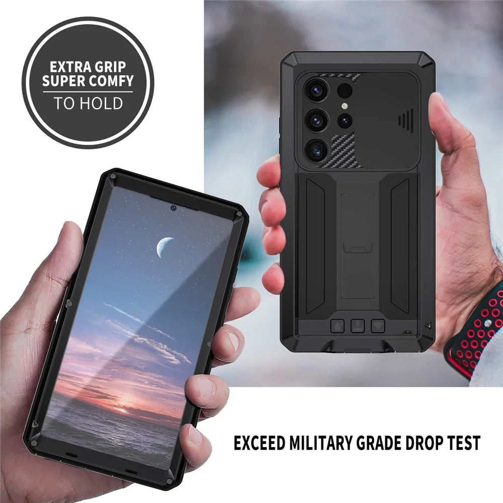R-JUST For Samsung Galaxy S25 Ultra Case PC + Silicone + Metal Back Cover with Tempered Glass Film - Black - 4