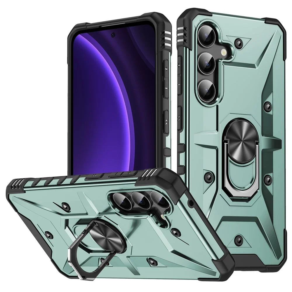 For Samsung Galaxy S24 FE Case PC+ TPU Anti-Drop Phone Cover with Ring Kickstand - Dark Green - 1
