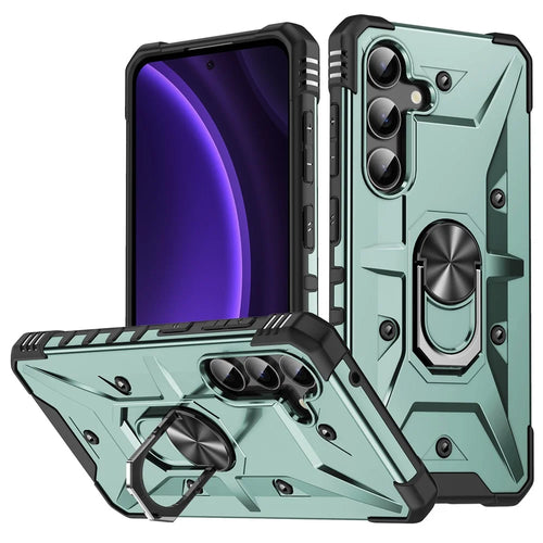 For Samsung Galaxy S24 FE Case PC+ TPU Anti-Drop Phone Cover with Ring Kickstand - Dark Green - 1