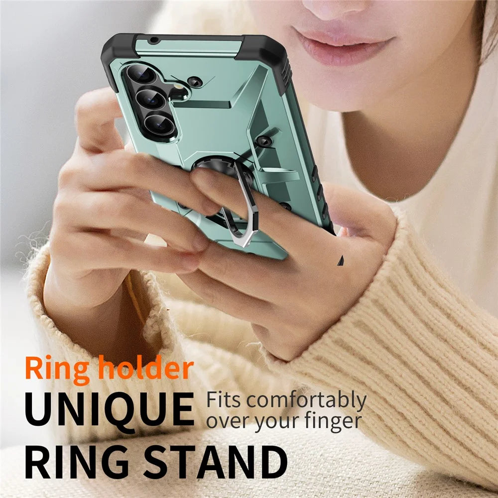 For Samsung Galaxy S24 FE Case PC+ TPU Anti-Drop Phone Cover with Ring Kickstand - Dark Green - 5