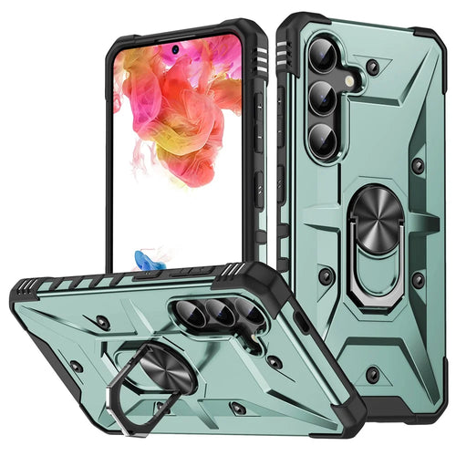 For Samsung Galaxy S25+ Case PC+ TPU Anti-Drop Phone Cover with Ring Kickstand - Dark Green - 1