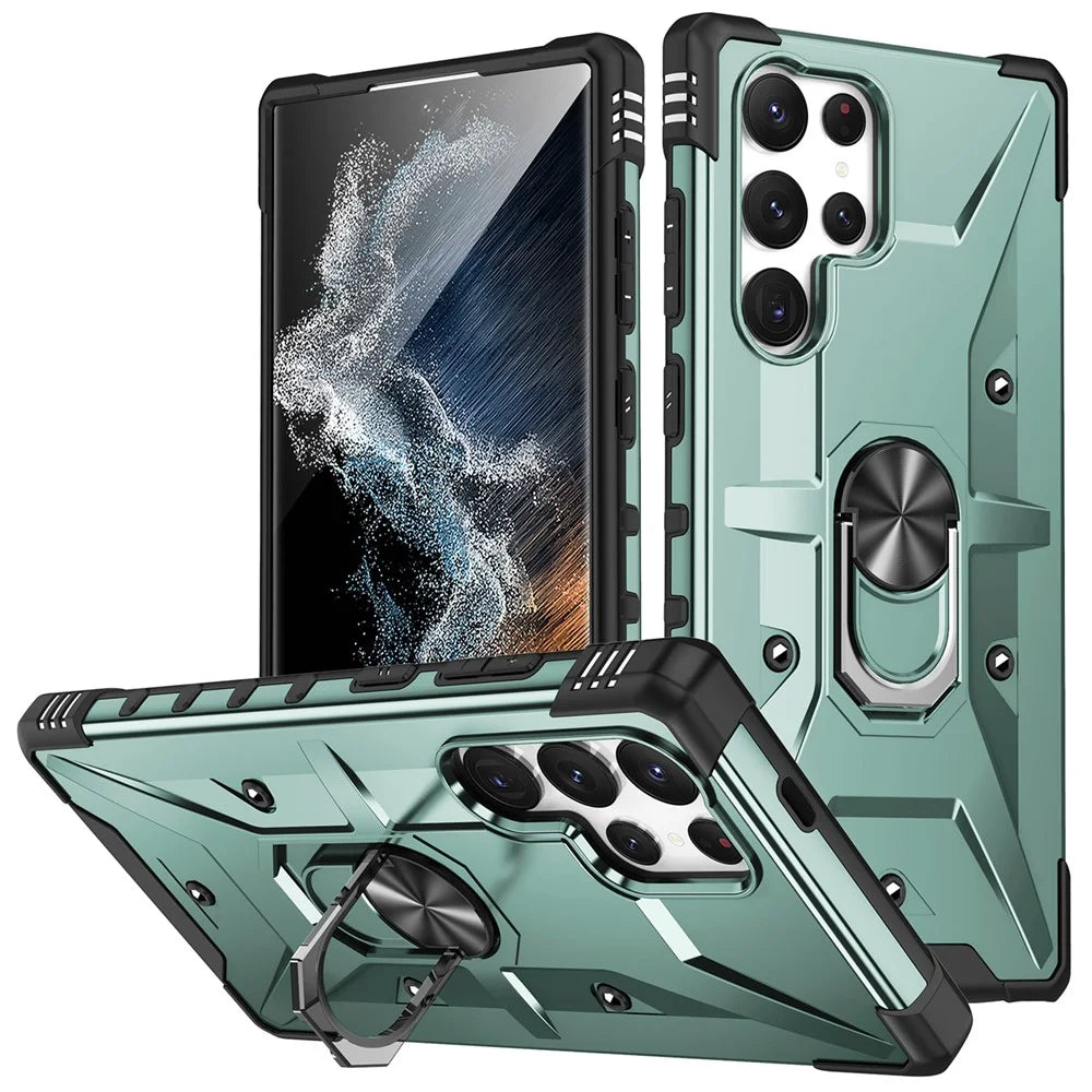 For Samsung Galaxy S25 Ultra Case PC+ TPU Anti-Drop Phone Cover with Ring Kickstand - Dark Green - 1