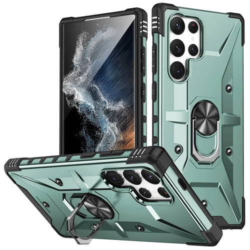 For Samsung Galaxy S25 Ultra Case PC+ TPU Anti-Drop Phone Cover with Ring Kickstand - Dark Green - 1