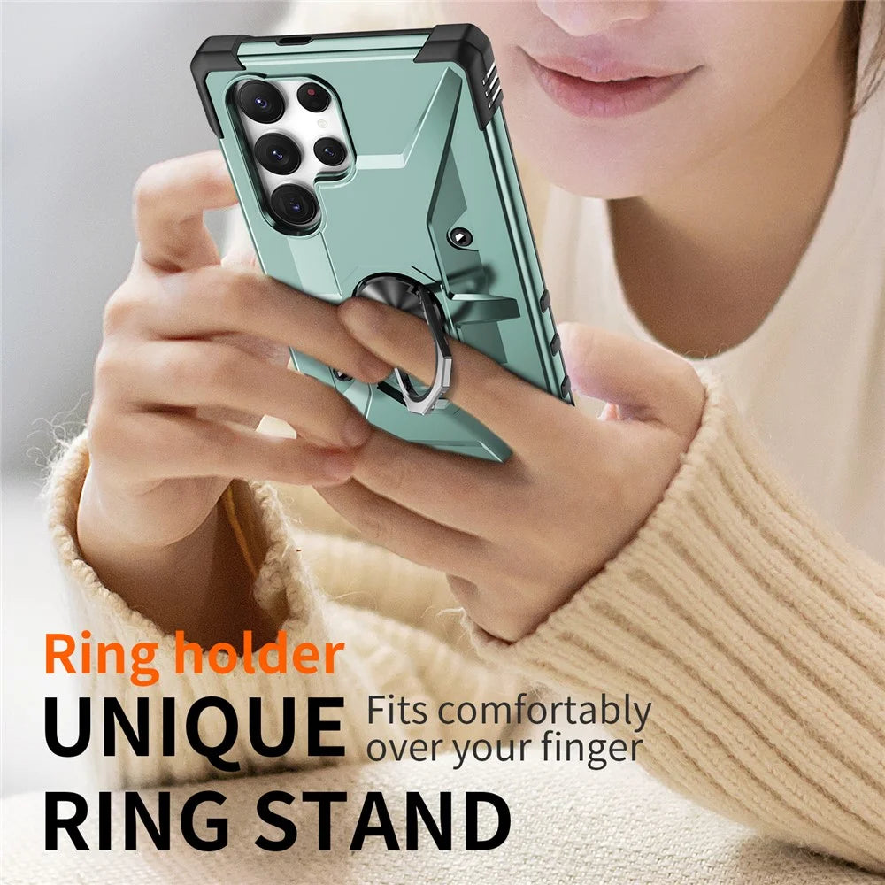 For Samsung Galaxy S25 Ultra Case PC+ TPU Anti-Drop Phone Cover with Ring Kickstand - Dark Green - 5