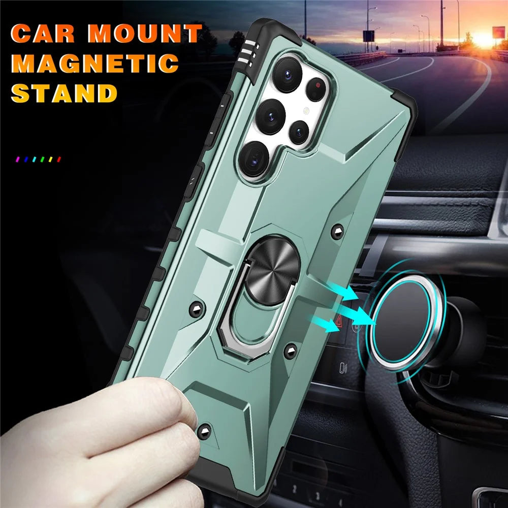 For Samsung Galaxy S25 Ultra Case PC+ TPU Anti-Drop Phone Cover with Ring Kickstand - Dark Green - 6
