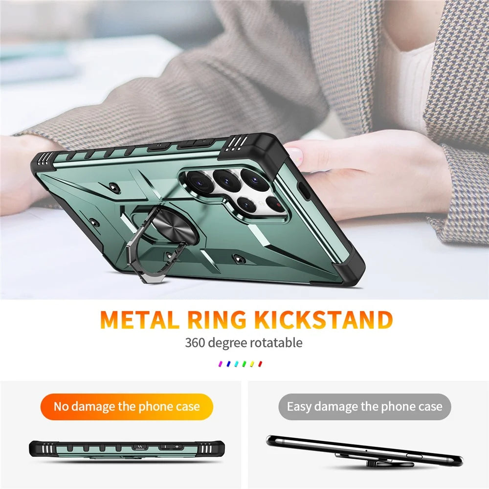 For Samsung Galaxy S25 Ultra Case PC+ TPU Anti-Drop Phone Cover with Ring Kickstand - Dark Green - 7