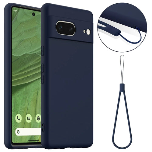For Google Pixel 7 5G Magnetic Case Liquid Silicone Phone Cover with Lanyard - Dark Blue - 1