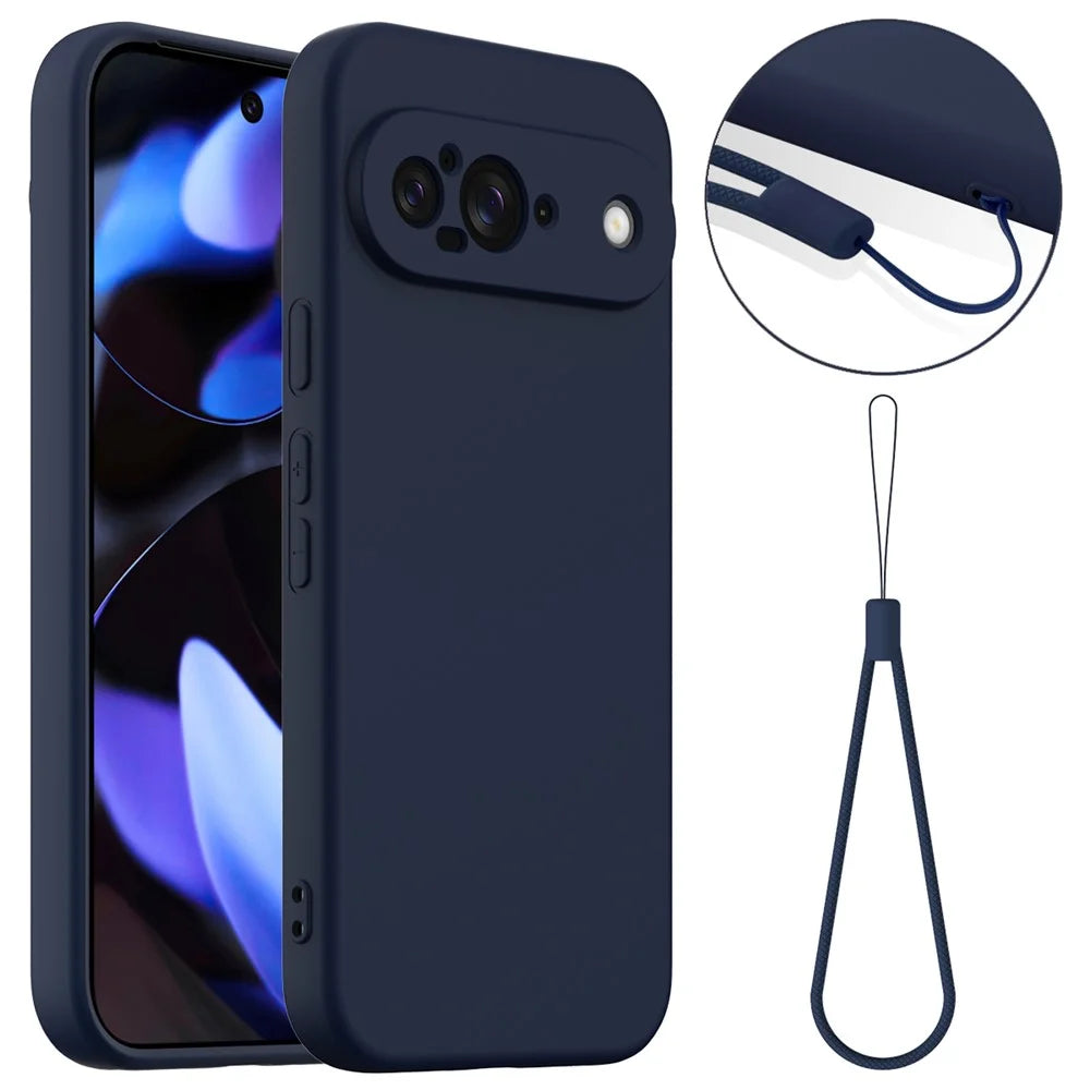 For Google Pixel 9 Magnetic Case Liquid Silicone Phone Cover with Lanyard - Dark Blue - 1