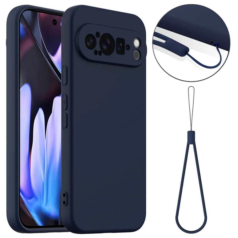 For Google Pixel 9 Pro Magnetic Case Liquid Silicone Phone Cover with Lanyard - Dark Blue - 1