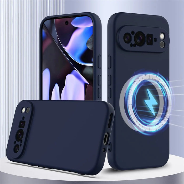 For Google Pixel 9 Pro Magnetic Case Liquid Silicone Phone Cover with Lanyard - Dark Blue - 2
