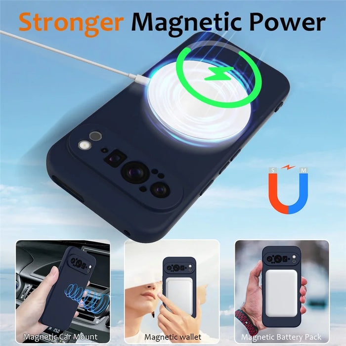 For Google Pixel 9 Pro Magnetic Case Liquid Silicone Phone Cover with Lanyard - Dark Blue - 4