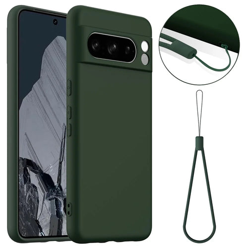 For Google Pixel 8 Pro Magnetic Case Liquid Silicone Phone Cover with Lanyard - Dark Green - 1