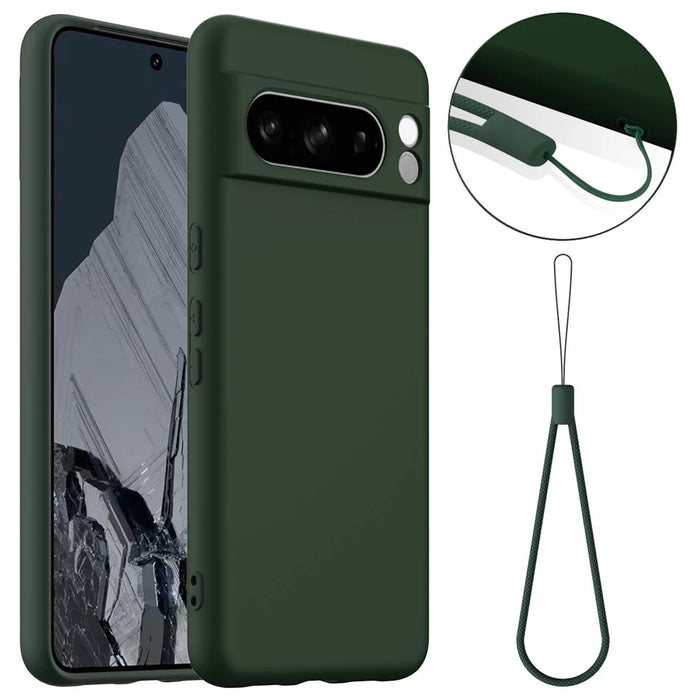 For Google Pixel 8 Pro Magnetic Case Liquid Silicone Phone Cover with Lanyard - Dark Green - 1
