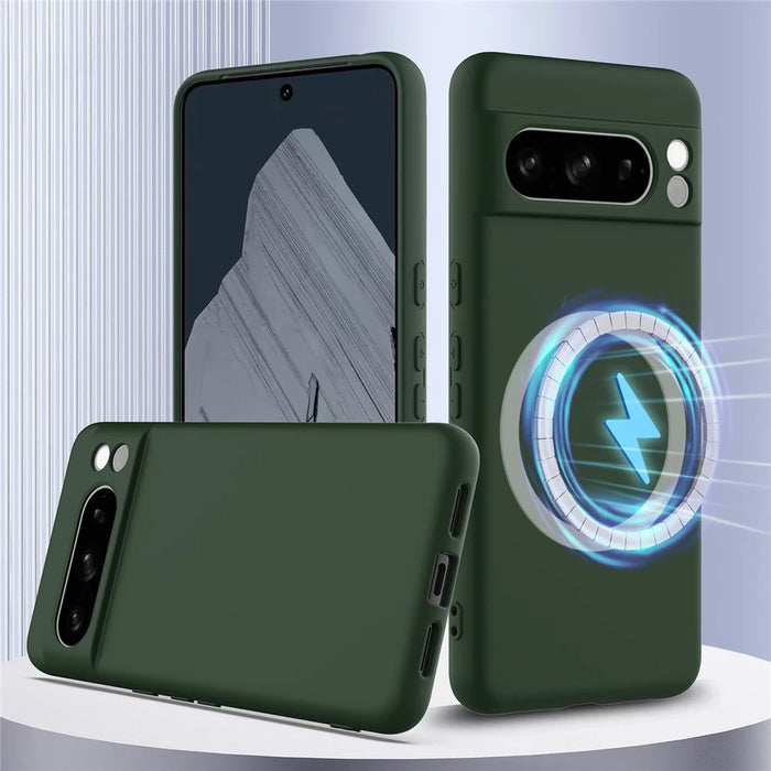 For Google Pixel 8 Pro Magnetic Case Liquid Silicone Phone Cover with Lanyard - Dark Green - 2