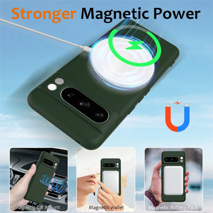 For Google Pixel 8 Pro Magnetic Case Liquid Silicone Phone Cover with Lanyard - Dark Green - 4