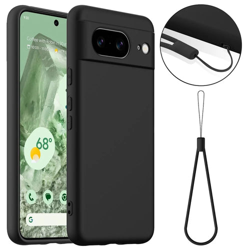 For Google Pixel 8 Magnetic Case Liquid Silicone Phone Cover with Lanyard - Black - 1