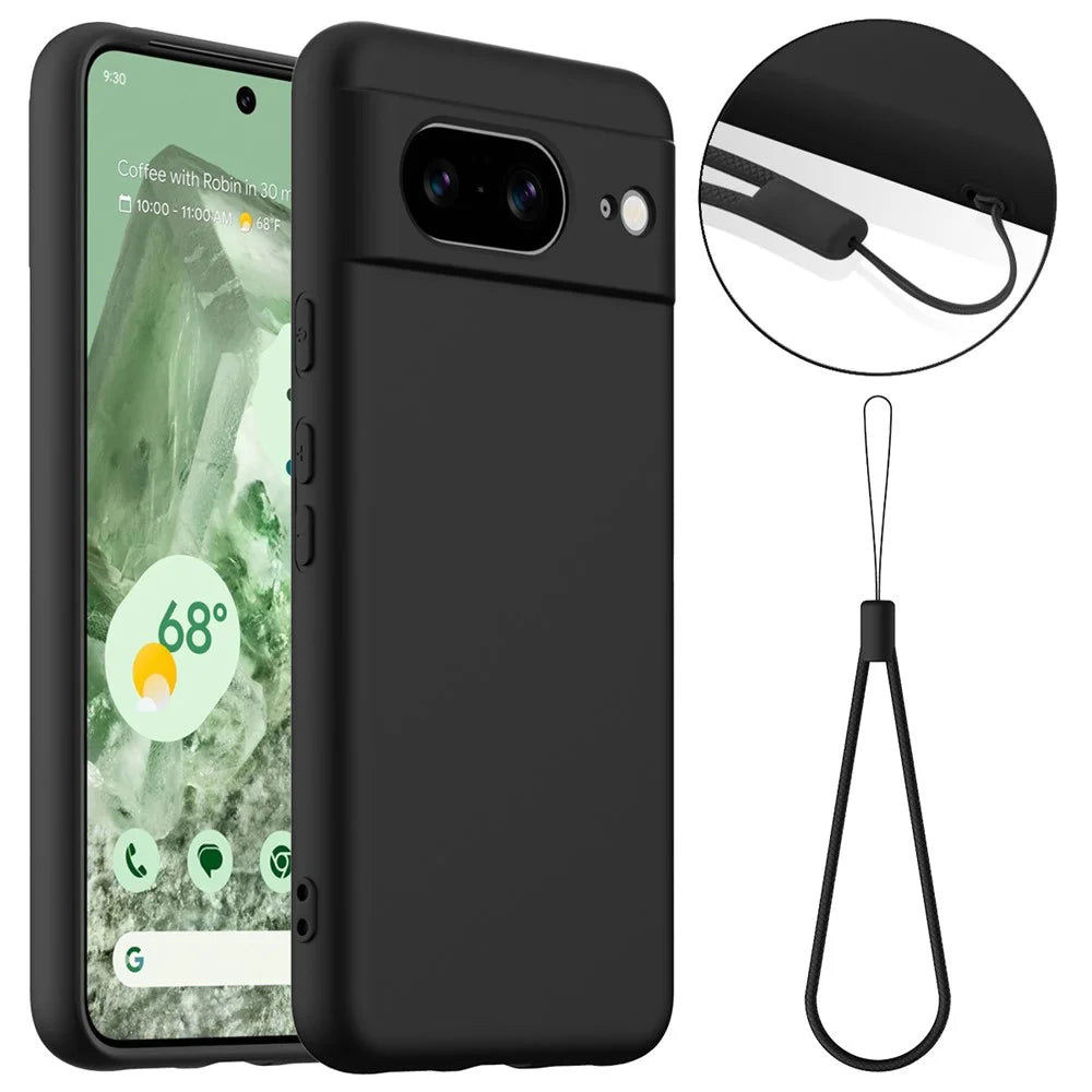 For Google Pixel 8 Magnetic Case Liquid Silicone Phone Cover with Lanyard - Black - 1