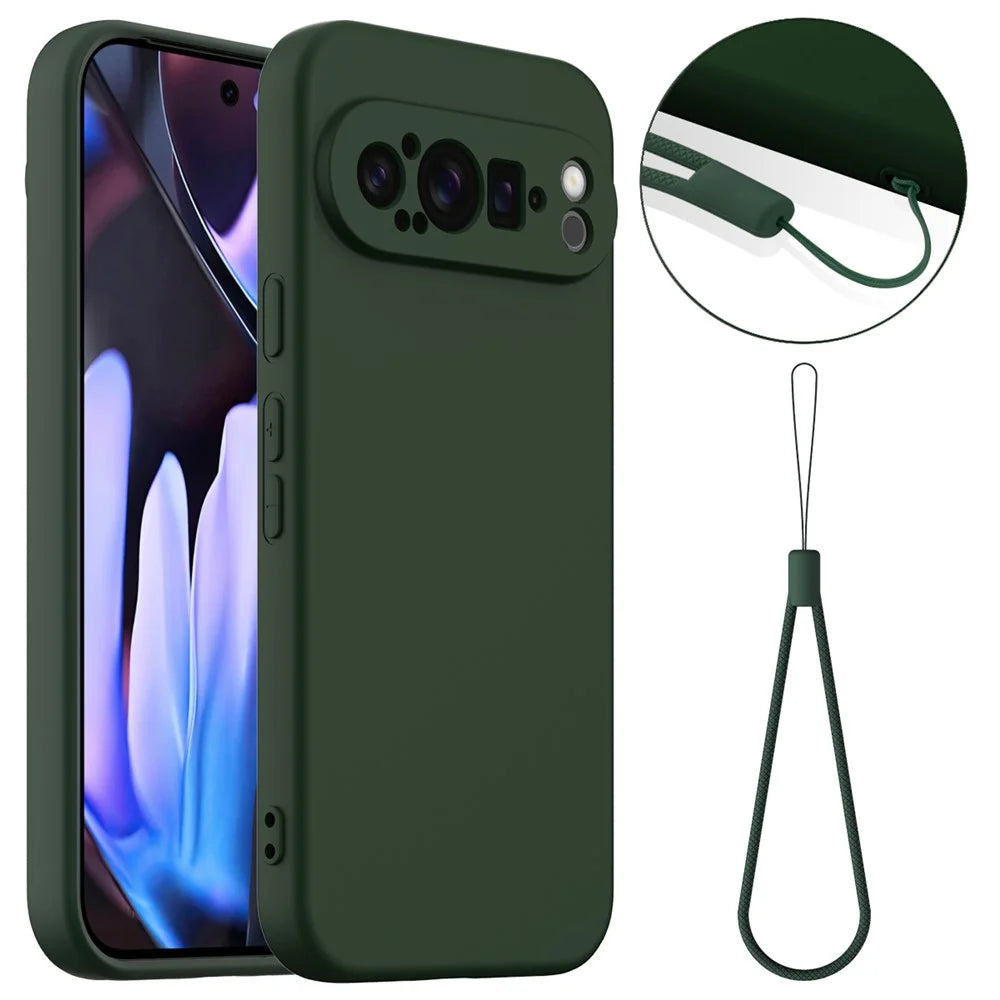 For Google Pixel 9 Pro XL Magnetic Case Liquid Silicone Phone Cover with Lanyard - Dark Green - 1