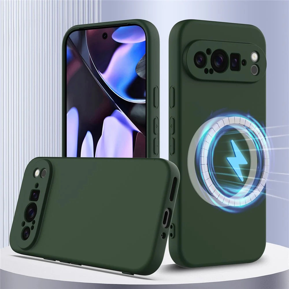 For Google Pixel 9 Pro XL Magnetic Case Liquid Silicone Phone Cover with Lanyard - Dark Green - 2