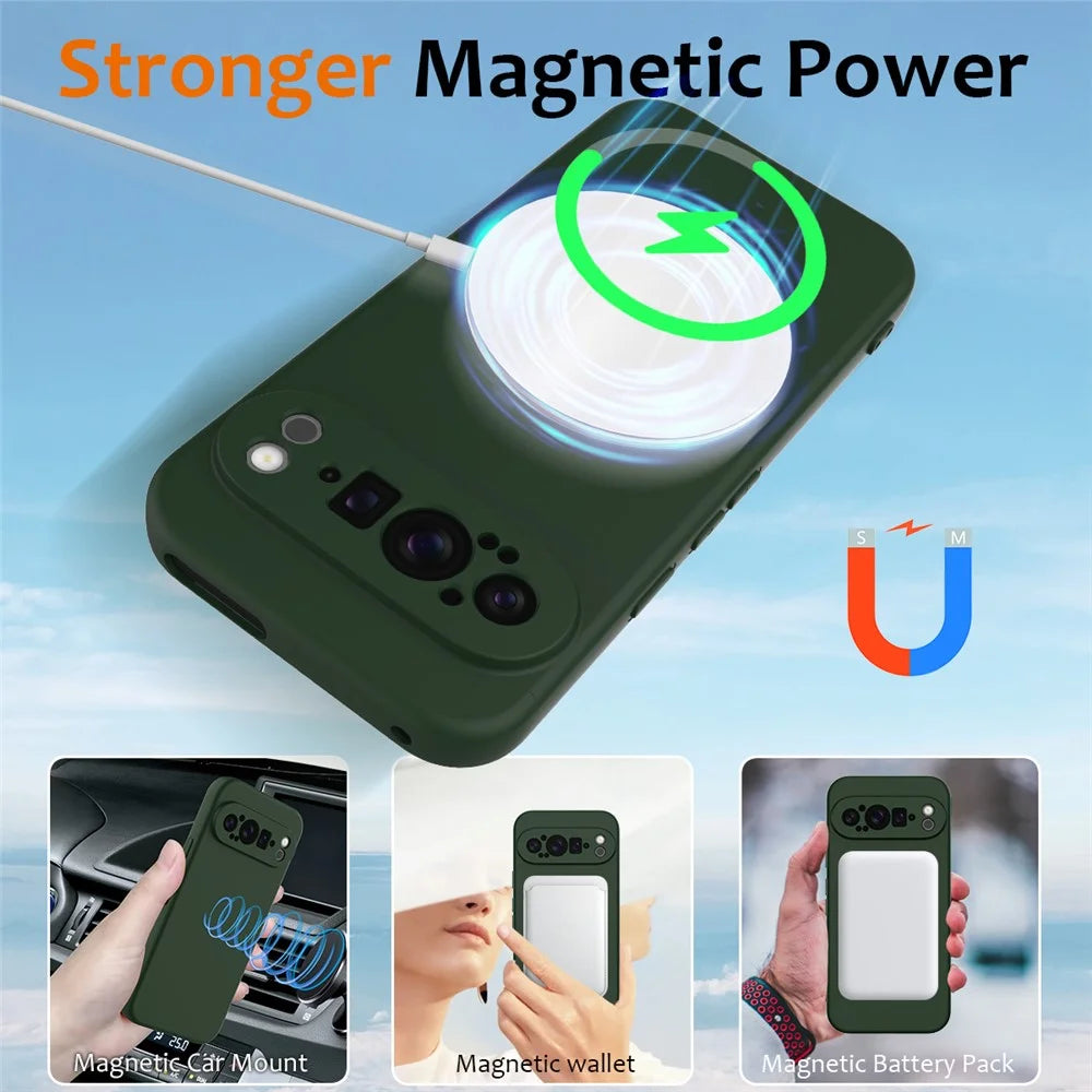 For Google Pixel 9 Pro XL Magnetic Case Liquid Silicone Phone Cover with Lanyard - Dark Green - 4