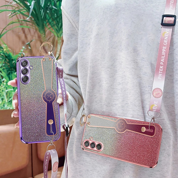 For Samsung Galaxy S25 Case Electroplated Glitter Hand Strap Kickstand TPU Back Cover with Shoulder Strap - Pink - 6