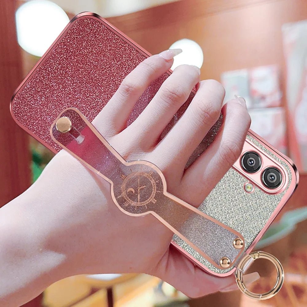 For Samsung Galaxy S25+ Case Electroplated Glitter Hand Strap Kickstand TPU Back Cover with Shoulder Strap - Pink - 3