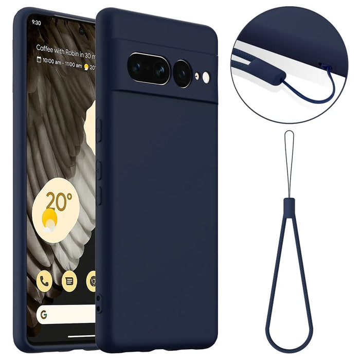 For Google Pixel 7 Pro 5G Magnetic Case Liquid Silicone Phone Cover with Lanyard - Dark Blue - 1