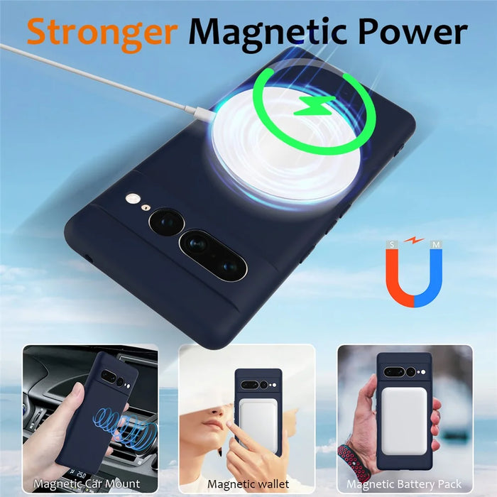 For Google Pixel 7 Pro 5G Magnetic Case Liquid Silicone Phone Cover with Lanyard - Dark Blue - 4