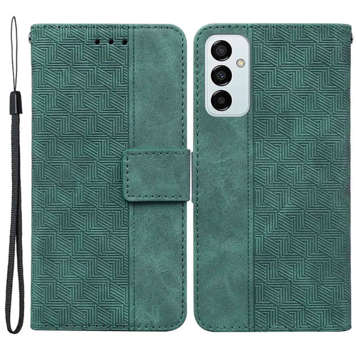 PU Leather Protective Shell for Samsung Galaxy M13 4G, Geometry Imprinted Shockproof Case Phone Stand Wallet Cover with Strap - Green - 1