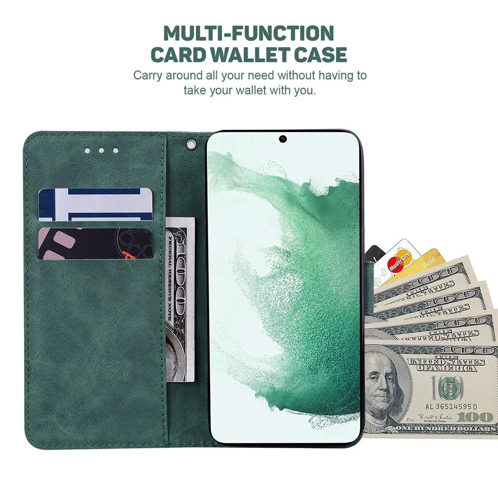 PU Leather Protective Shell for Samsung Galaxy M13 4G, Geometry Imprinted Shockproof Case Phone Stand Wallet Cover with Strap - Green - 2